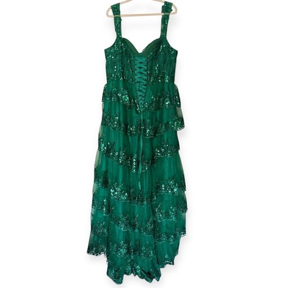 Emerald Green Corset Elegant Tulle Tiered Sequins Sparkly A Slit Prom Gown - Picture 12 of 13